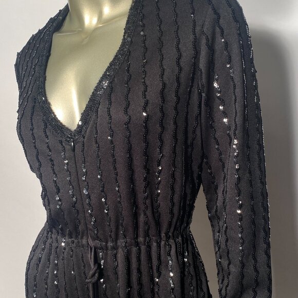 Amazing Disco 1970s Black Sequin Belted Bell Bottom Jumpsuit By Lee Jordan - Picture 2 of 6